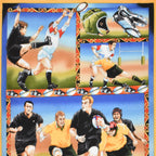 Rugby panel vintage style action scenes players kicking tackling rugby boots balls fabric for sports quilts wall hangings and gifts for men boys