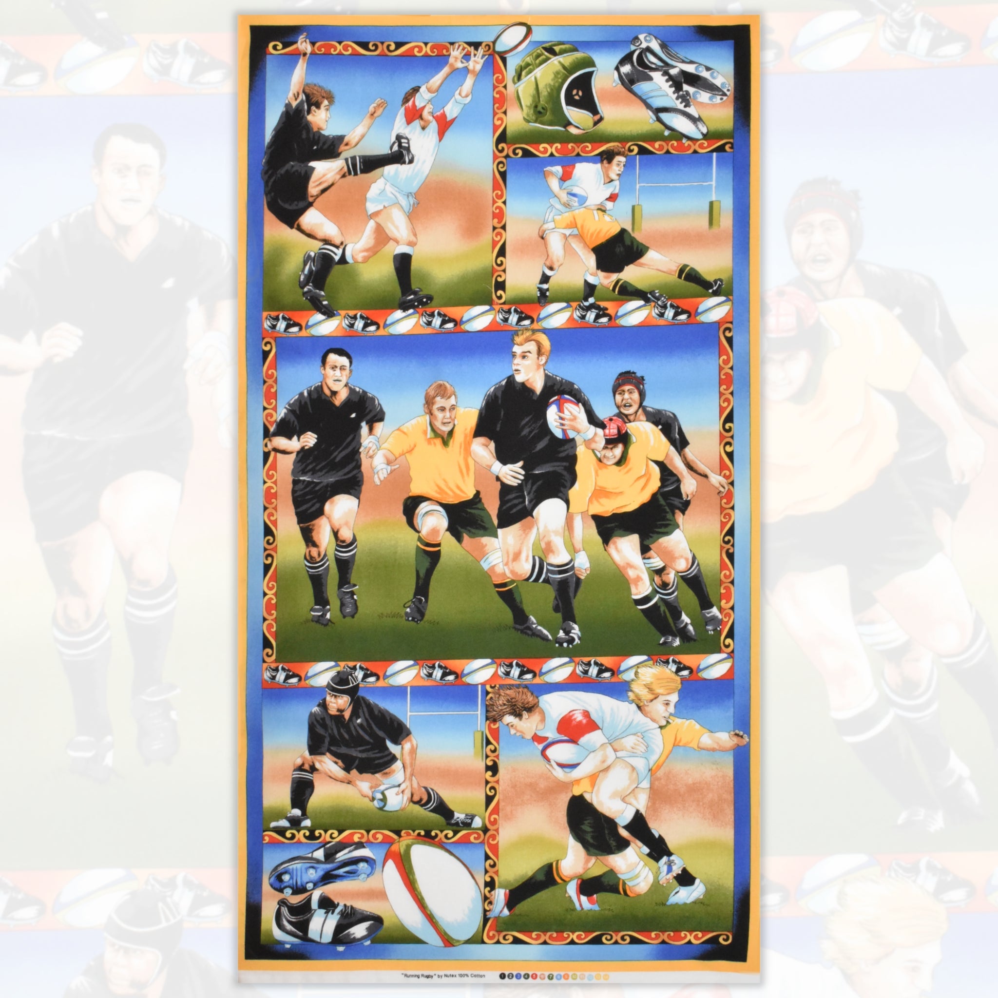 Rugby panel vintage style action scenes players kicking tackling rugby boots balls fabric for sports quilts wall hangings and gifts for men boys