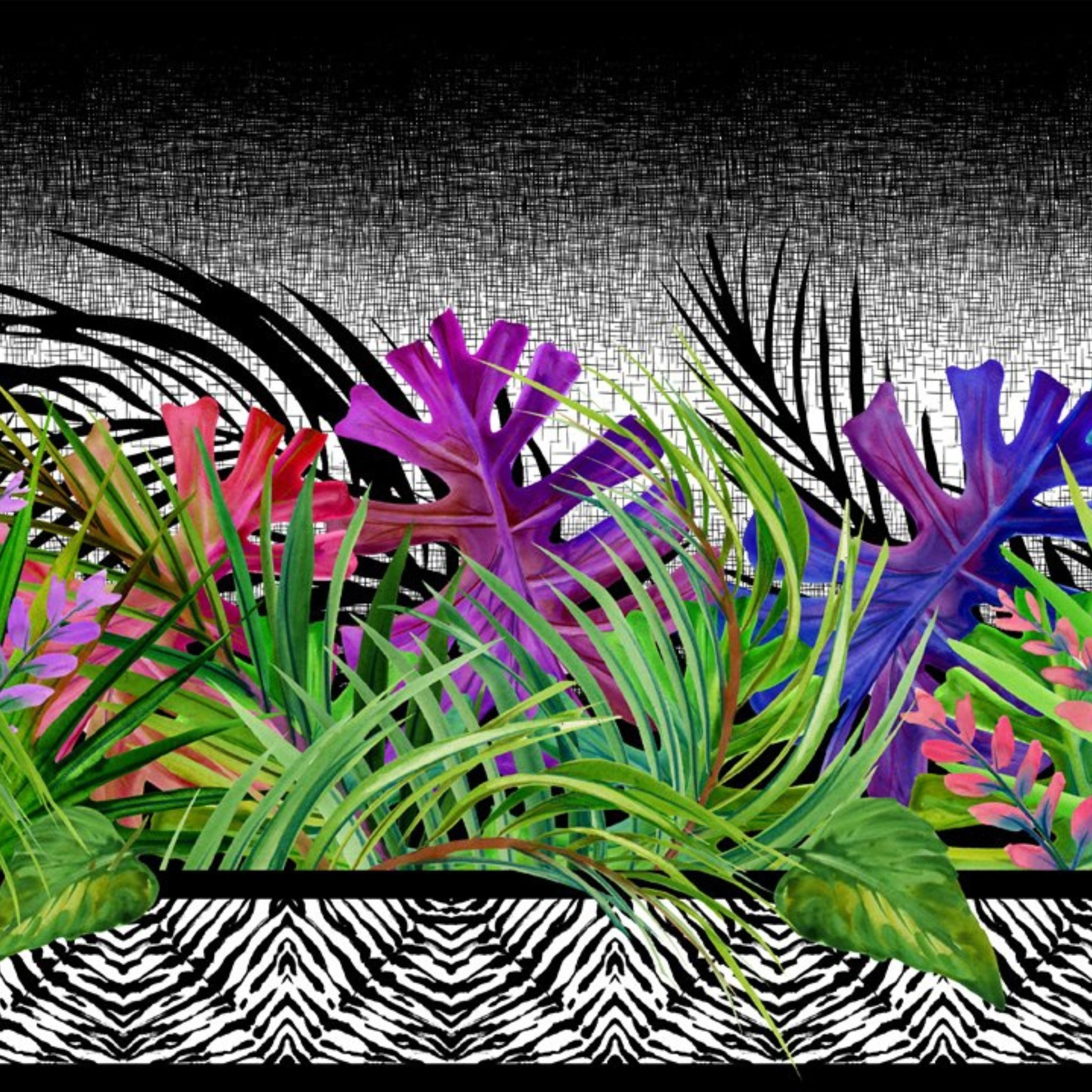 Tropical palm fronds exotic flowers magenta purple blue lime green zebra print border stripe fabric