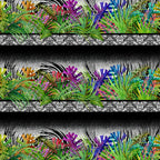 Tropical palm fronds exotic flowers magenta purple blue lime green zebra print black white border stripe quilting fabric Jason Yenter In The Beginning Fabrics
