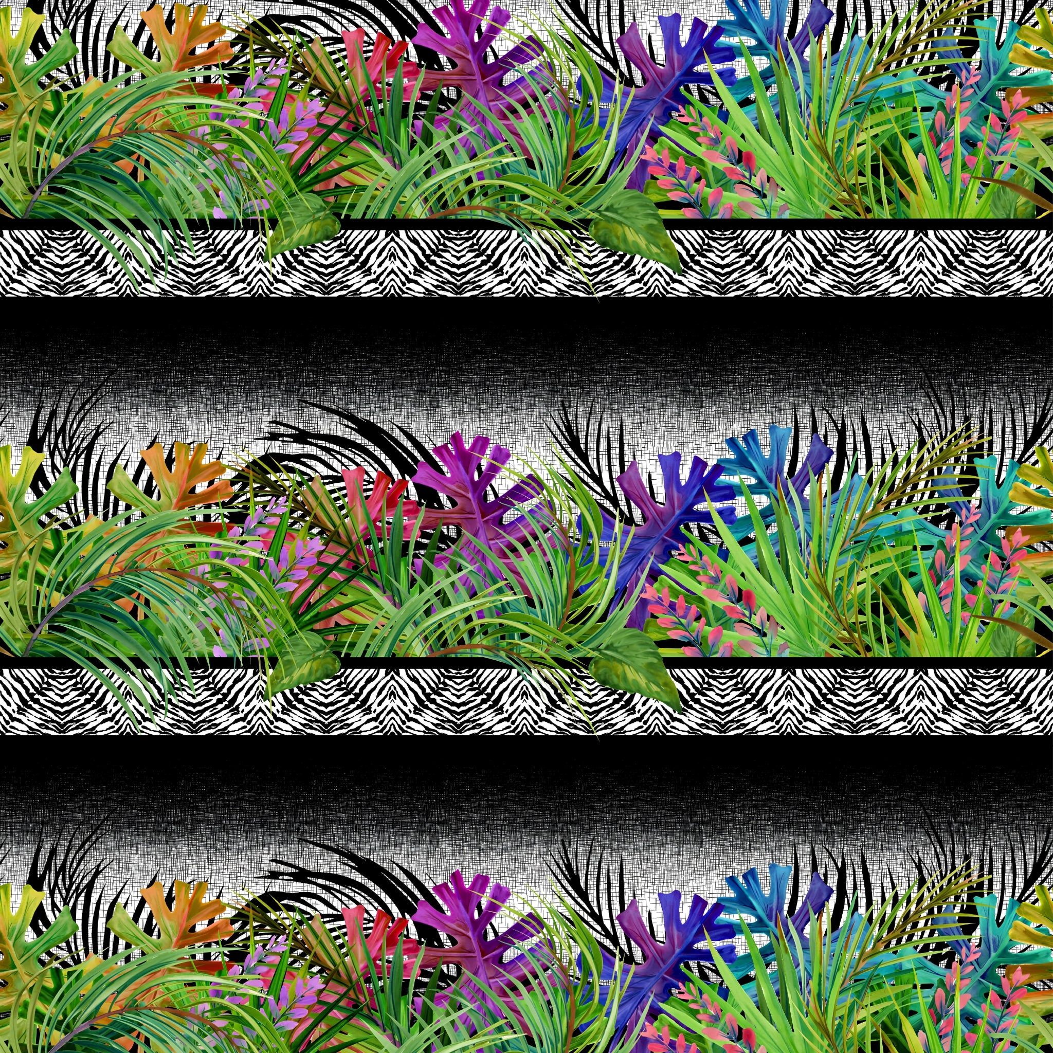 Tropical palm fronds exotic flowers magenta purple blue lime green zebra print black white border stripe quilting fabric Jason Yenter In The Beginning Fabrics