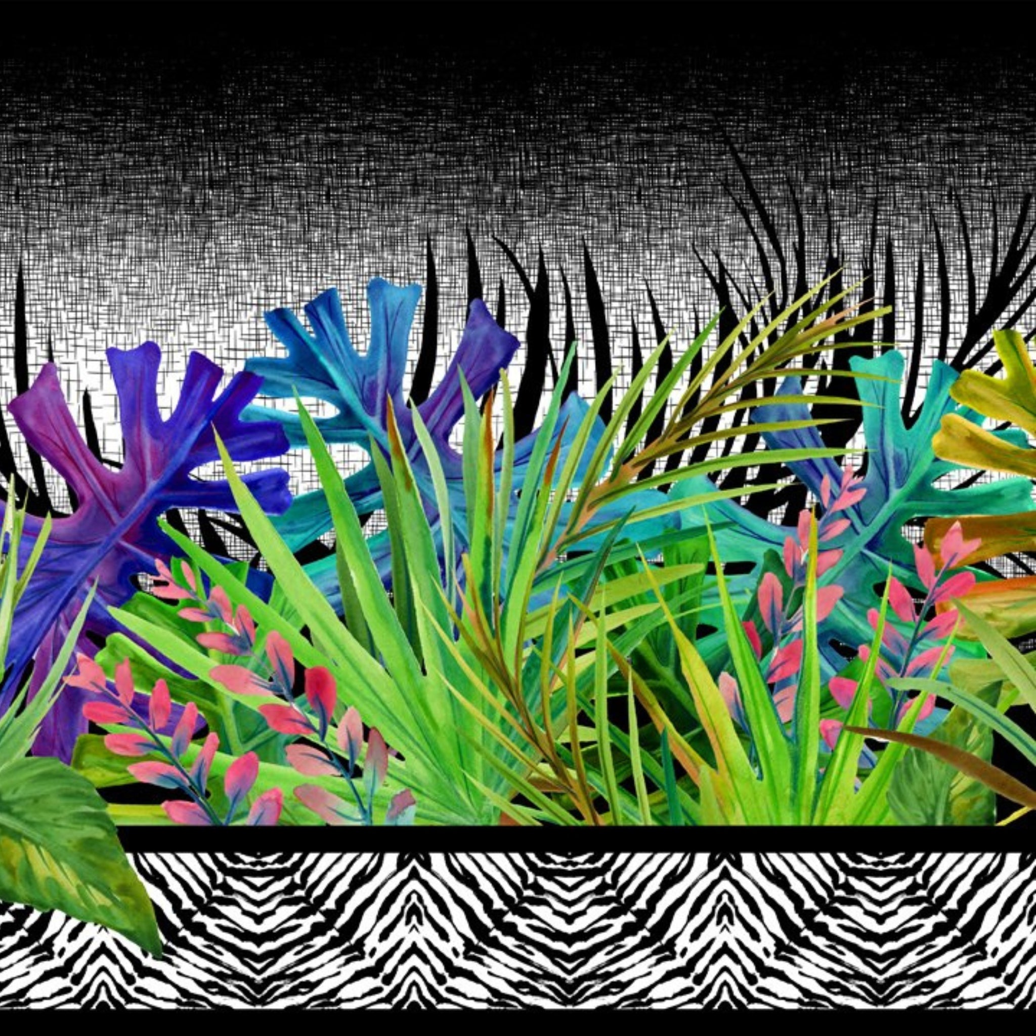 Palm fronds exotic flowers magenta purple blue lime green zebra print border stripe fabric for quilt borders and tropical patchwork projects
