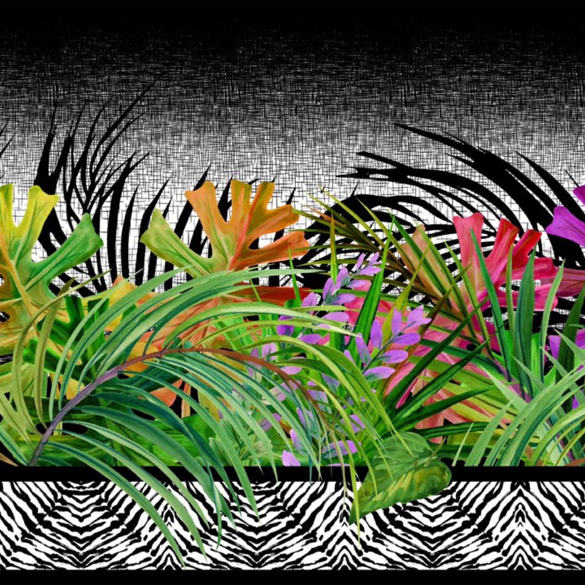 Tropical palm fronds exotic flowers
zebra print border stripe fabric for quilt borders and tropical patchwork projects