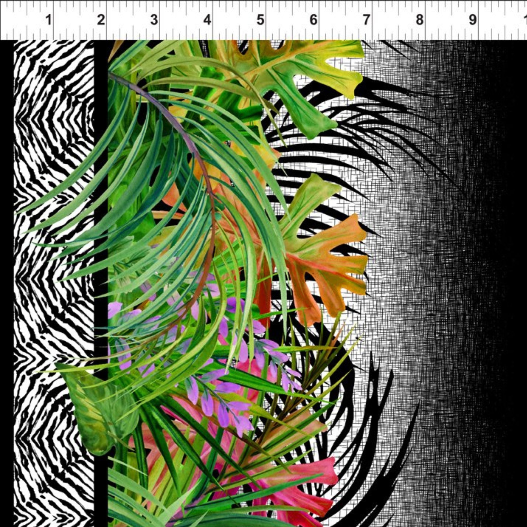 Tropical palm fronds exotic flowers magenta purple blue lime green zebra print border stripe fabric for quilt borders and tropical patchwork projects