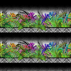 Tropical palm fronds exotic flowers magenta purple blue lime green zebra print border stripe fabric for quilt borders and tropical patchwork projects