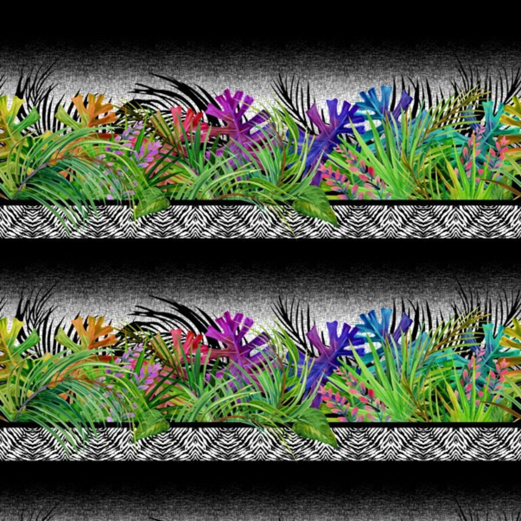 Tropical palm fronds exotic flowers magenta purple blue lime green zebra print border stripe fabric for quilt borders and tropical patchwork projects