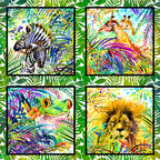 Watercolour zebra giraffe tree frog lion tropical palm fronds rainbow jungle panel quilting fabric Jason Yenter