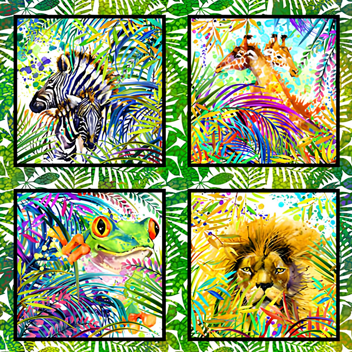 Watercolour zebra giraffe tree frog lion tropical palm fronds rainbow jungle panel quilting fabric Jason Yenter