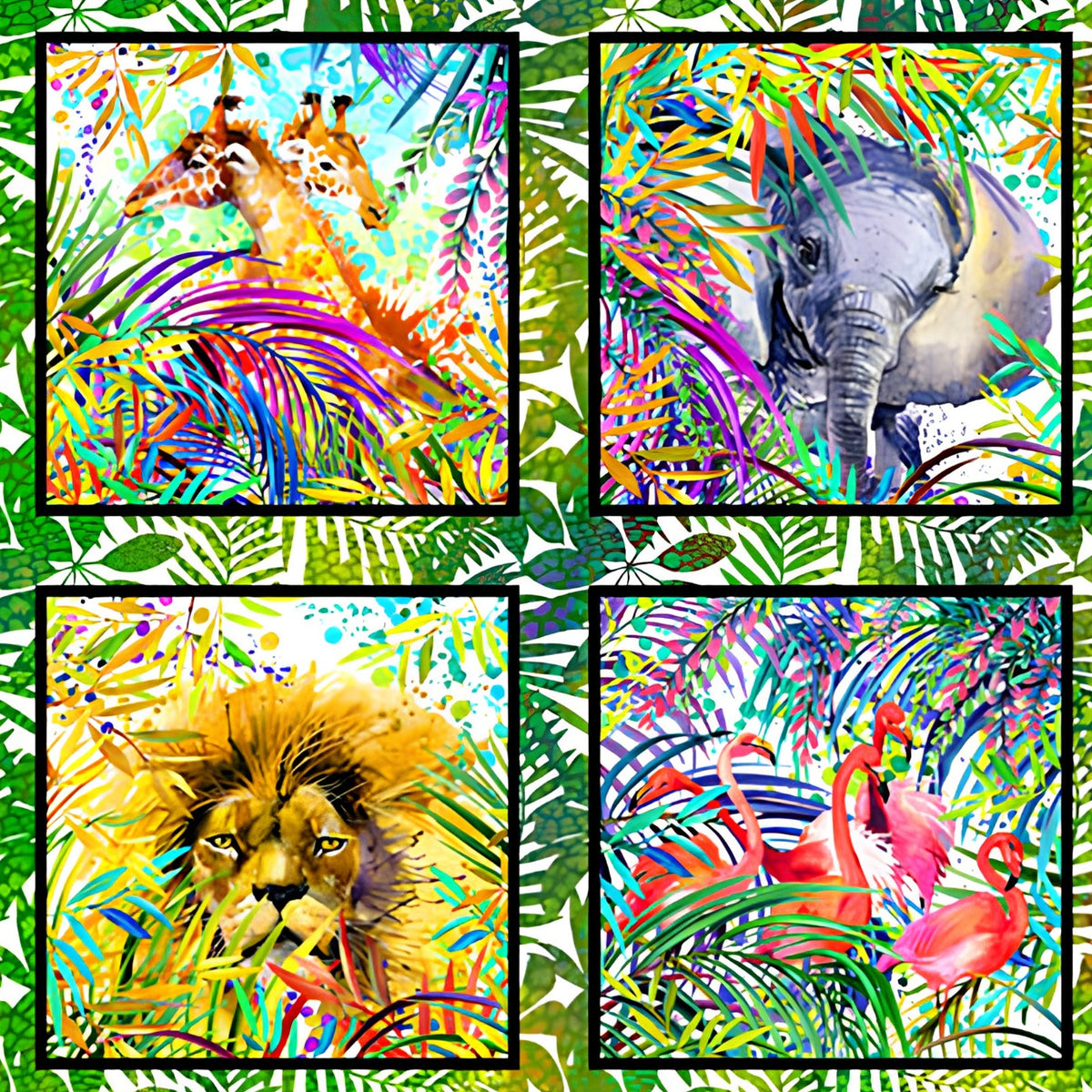 Watercolour giraffe elephant lion flamingos tropical palm fronds rainbow jungle panel quilting fabric Jason Yenter