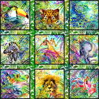 Watercolour jungle animals panel toucan leopard peacock zebra giraffe elephant frog lion flamingos tropical leaves rainbow quilting fabric closeup