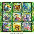 Safari jungle animals panel 36x42 inches toucan leopard peacock zebra giraffe elephant frog lion flamingos Jason Yenter In The Beginning quilting fabric