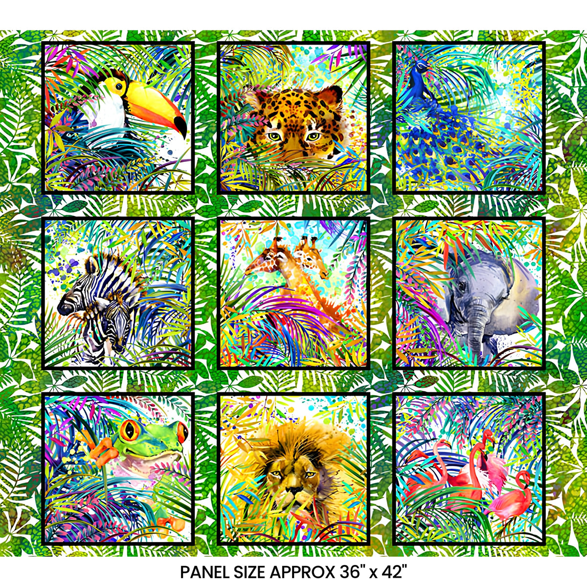 Safari jungle animals panel 36x42 inches toucan leopard peacock zebra giraffe elephant frog lion flamingos Jason Yenter In The Beginning quilting fabric