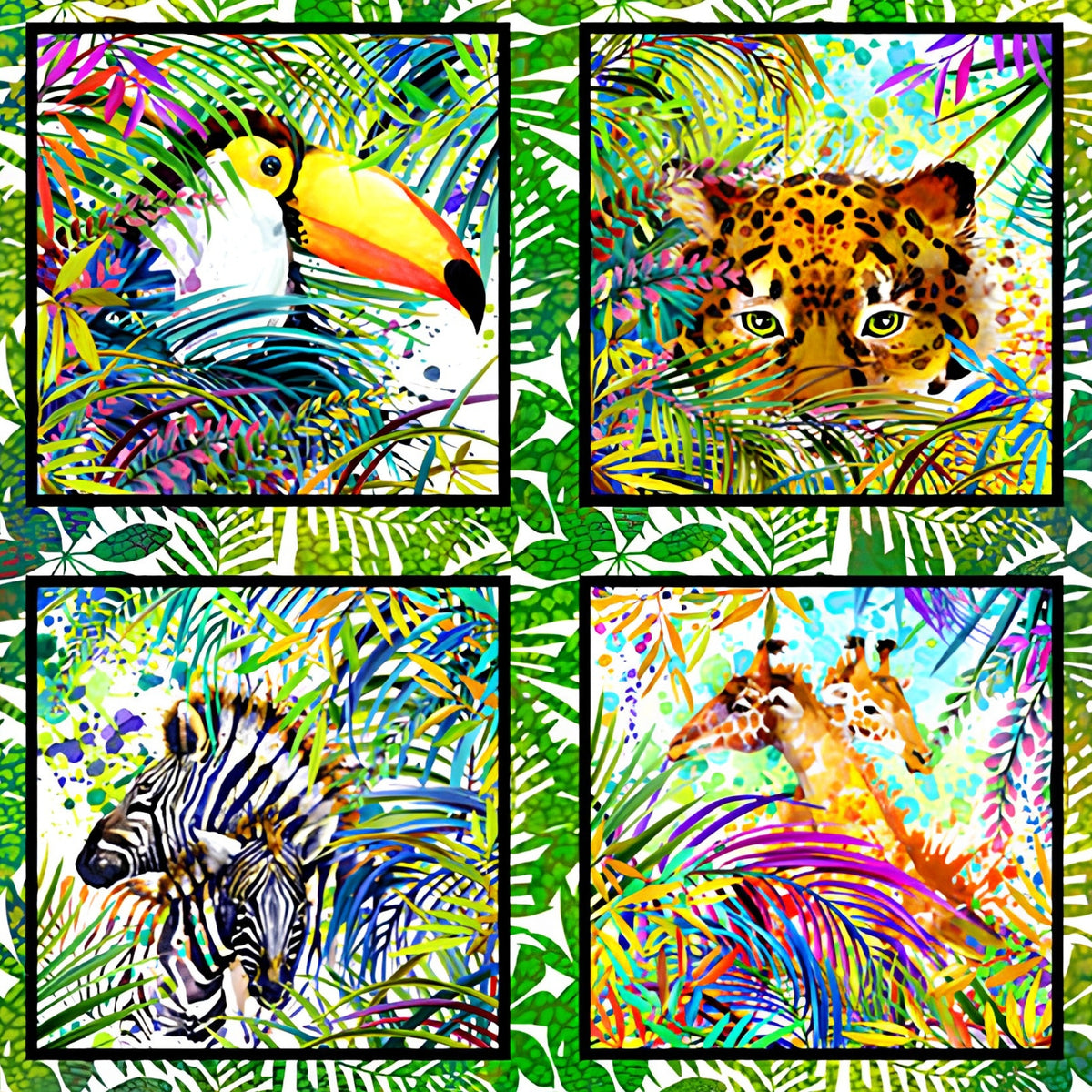 Watercolour toucan and leopard tropical palm fronds rainbow jungle panel quilting fabric Jason Yenter