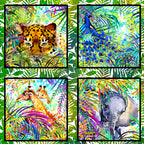 Watercolour leopard, giraffe and peacock tropical palm fronds rainbow jungle panel quilting fabric Jason Yenter