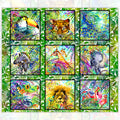 Safari jungle animals panel multi rainbow tropical leaves nine animal blocks quilting fabric by Jason Yenter In The Beginning Fabrics 1SAF-1