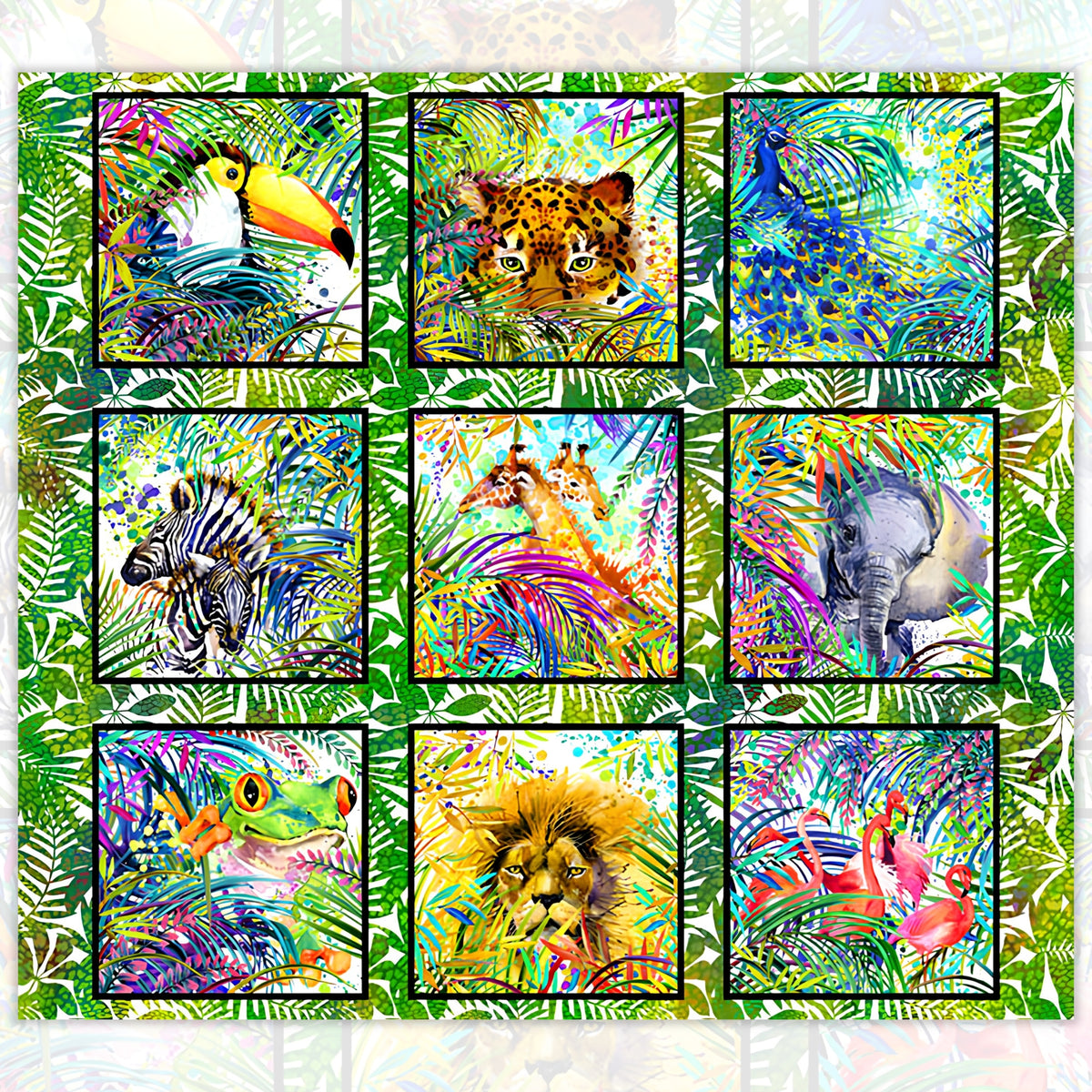 Safari jungle animals panel multi rainbow tropical leaves nine animal blocks quilting fabric by Jason Yenter In The Beginning Fabrics 1SAF-1