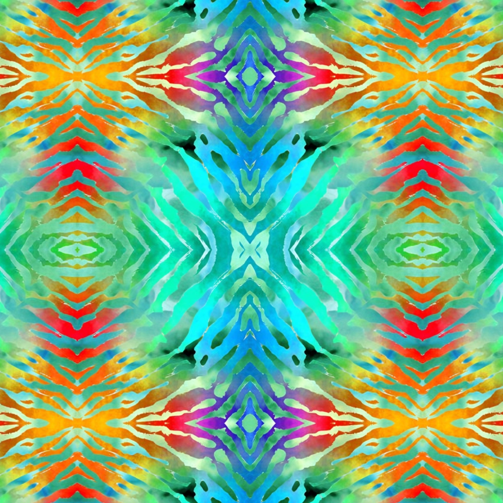 Aqua tie dye kaleidoscope mirrored pattern turquoise lime green red orange gold retro quilting fabric Jason Yenter In The Beginning Fabrics