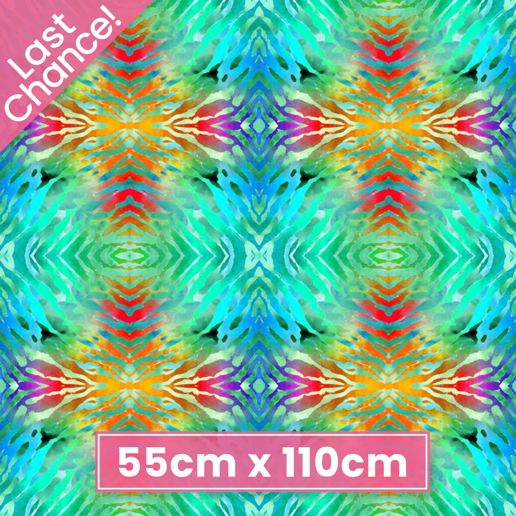 Psychedelic tie-dye kaleidoscope aqua turquoise lime green orange magenta fabric for retro quilts and groovy patchwork projects