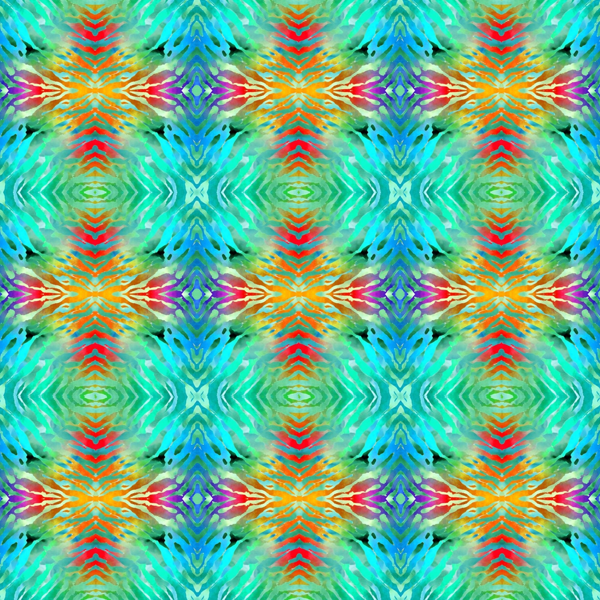 Aqua tie dye kaleidoscope mirrored pattern turquoise lime green red orange gold retro quilting fabric Jason Yenter In The Beginning Fabrics