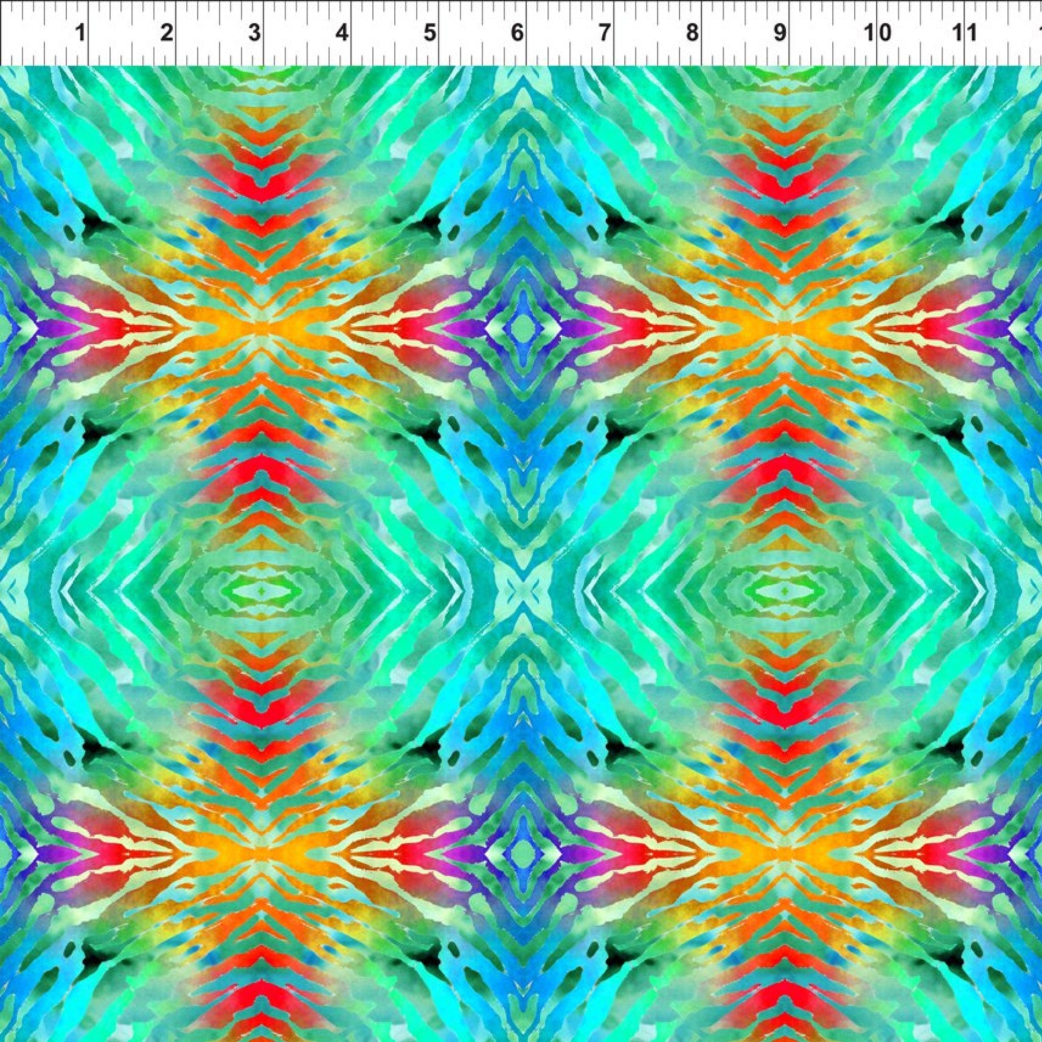 Psychedelic tie-dye kaleidoscope aqua turquoise lime green orange magenta fabric for retro quilts and groovy patchwork projects