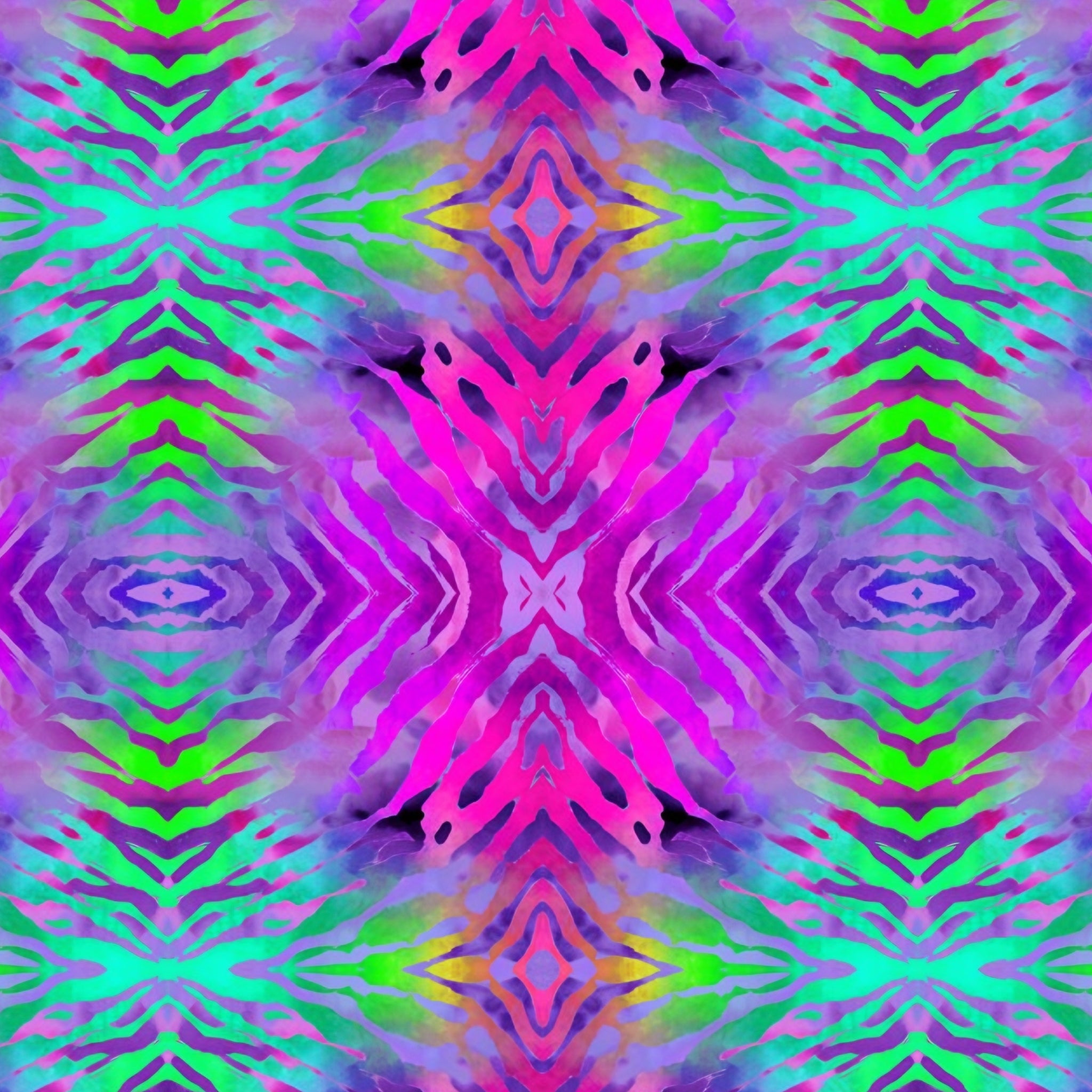 Fuchsia pink tie dye kaleidoscope mirrored pattern magenta purple lime green turquoise retro quilting fabric Jason Yenter In The Beginning Fabrics
