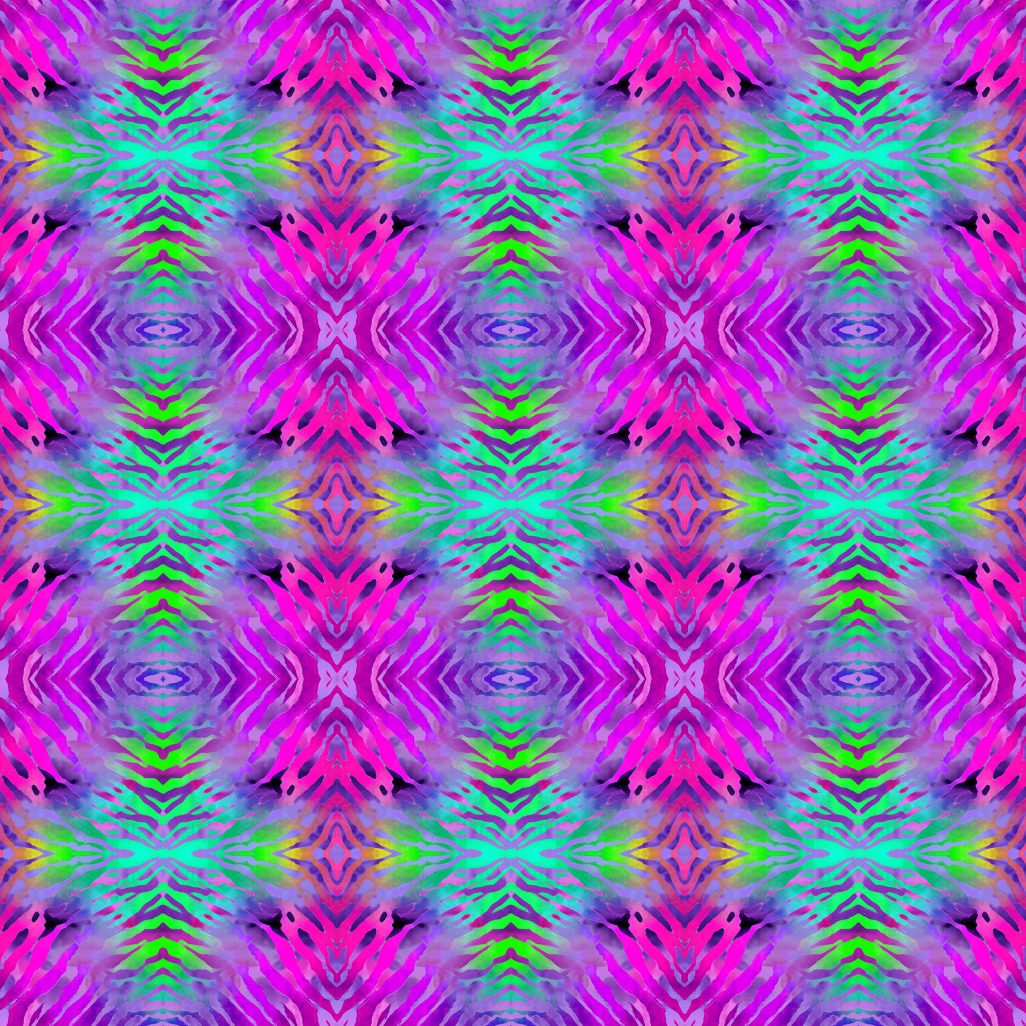Fuchsia pink tie dye kaleidoscope mirrored pattern magenta purple lime green turquoise retro quilting fabric Jason Yenter In The Beginning Fabrics