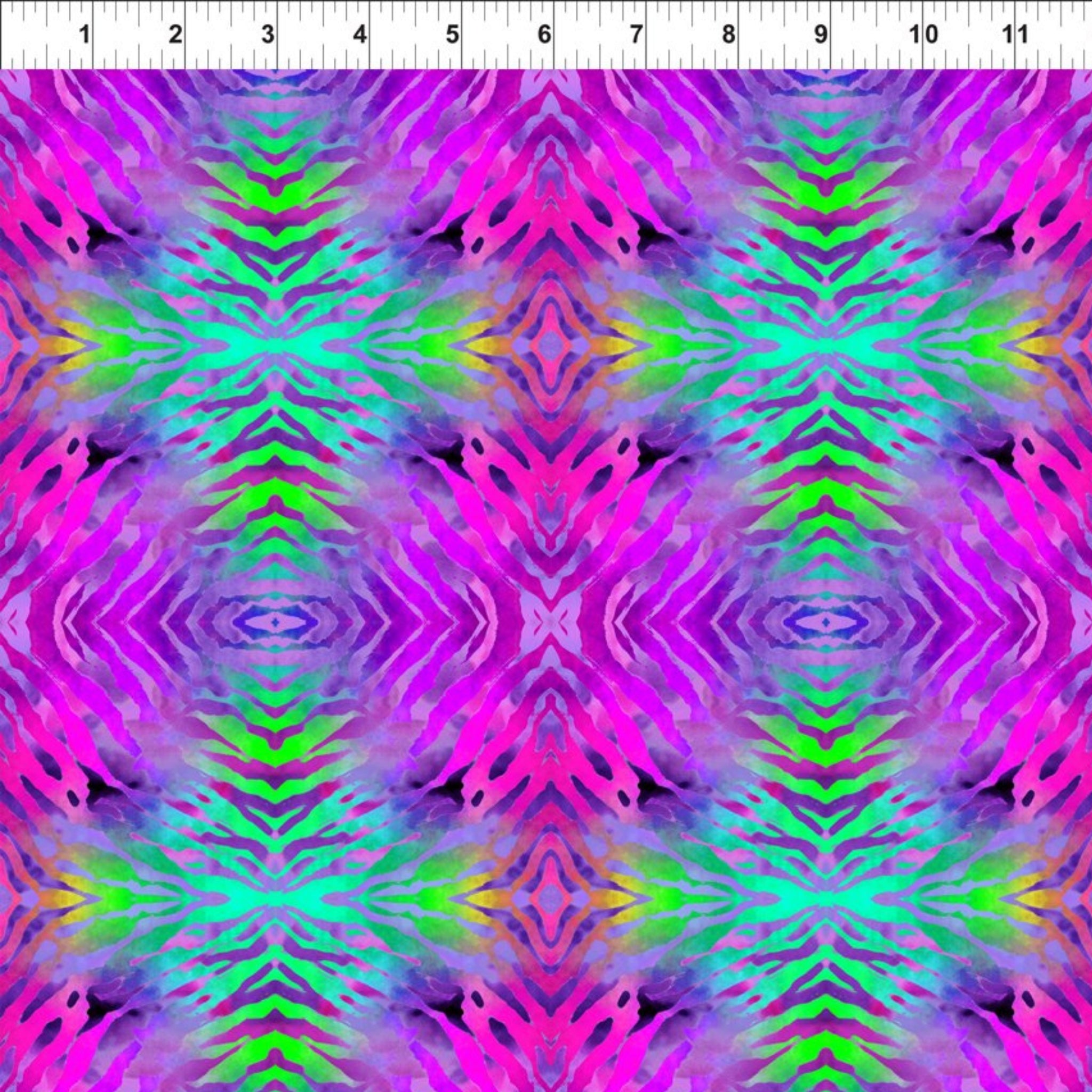 Psychedelic tie-dye kaleidoscope fuchsia magenta purple lime green turquoise fabric for retro quilts and groovy patchwork projects