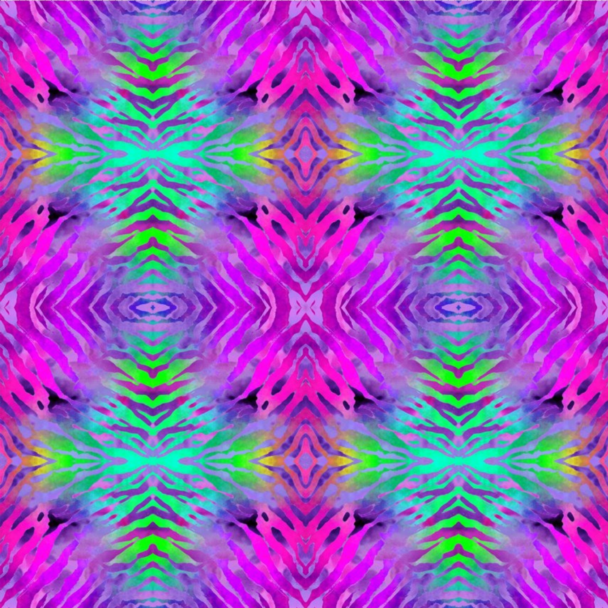 Psychedelic tie-dye kaleidoscope fuchsia magenta purple lime green turquoise fabric for retro quilts and groovy patchwork projects