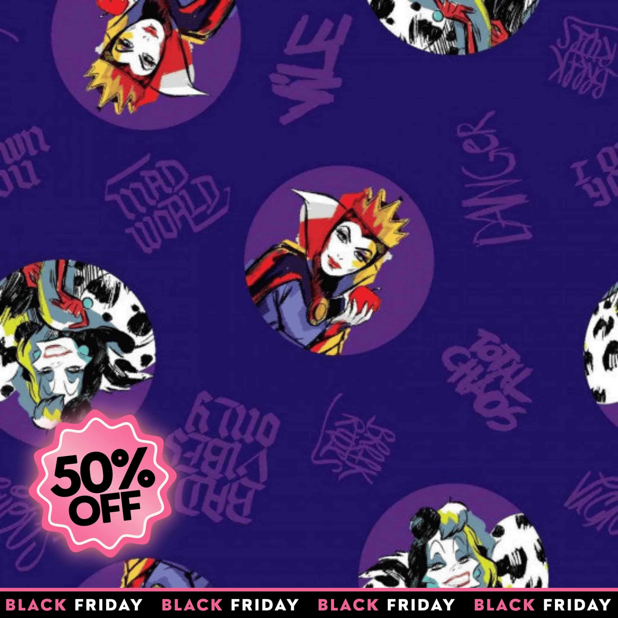 Disney Villains fabric Cruella Evil Queen purple kids quilting cotton character print novelty Nutex sale