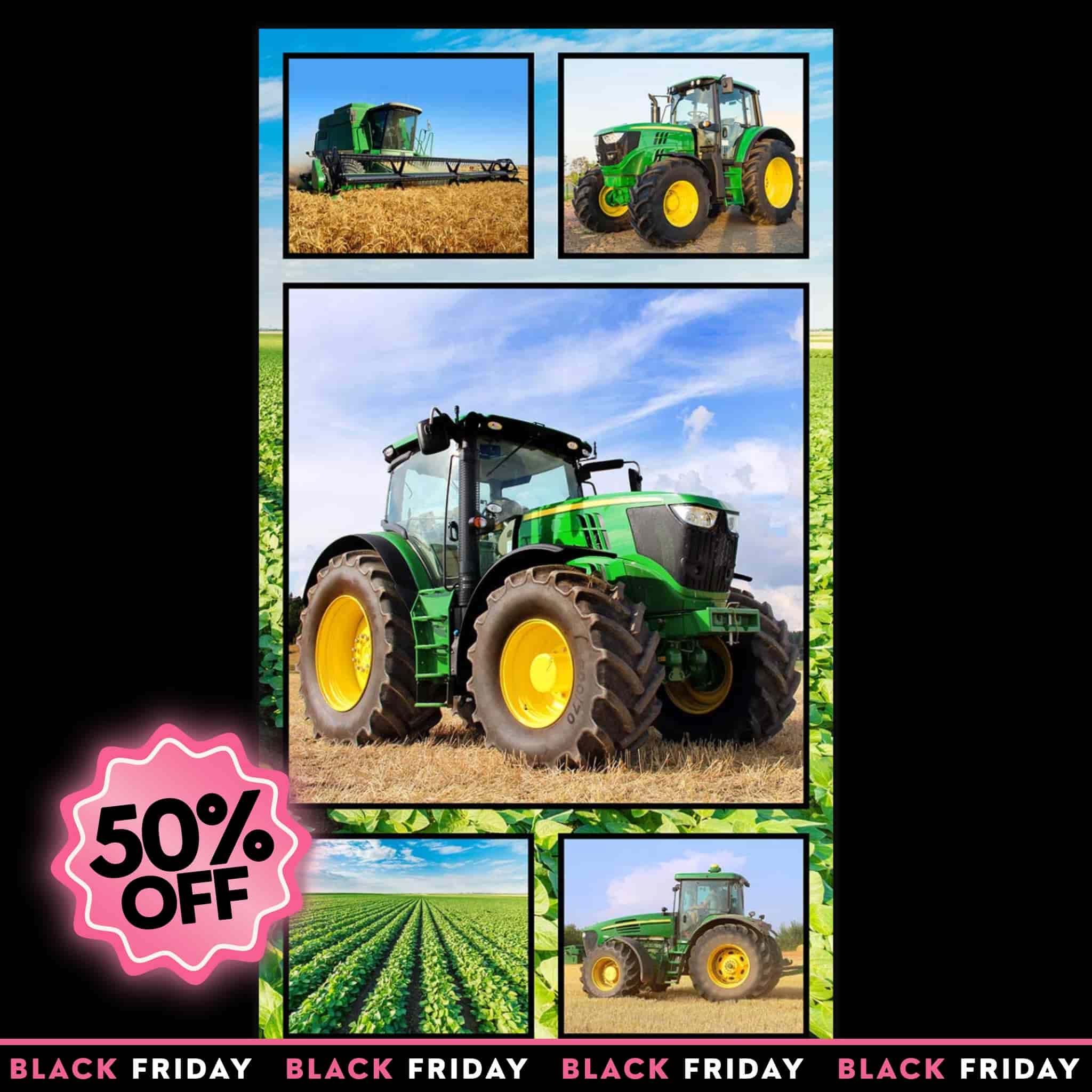 Farm machinery collage panel fabric with green tractors and combine harvesters, perfect for boys' quilting projects for farm lovers