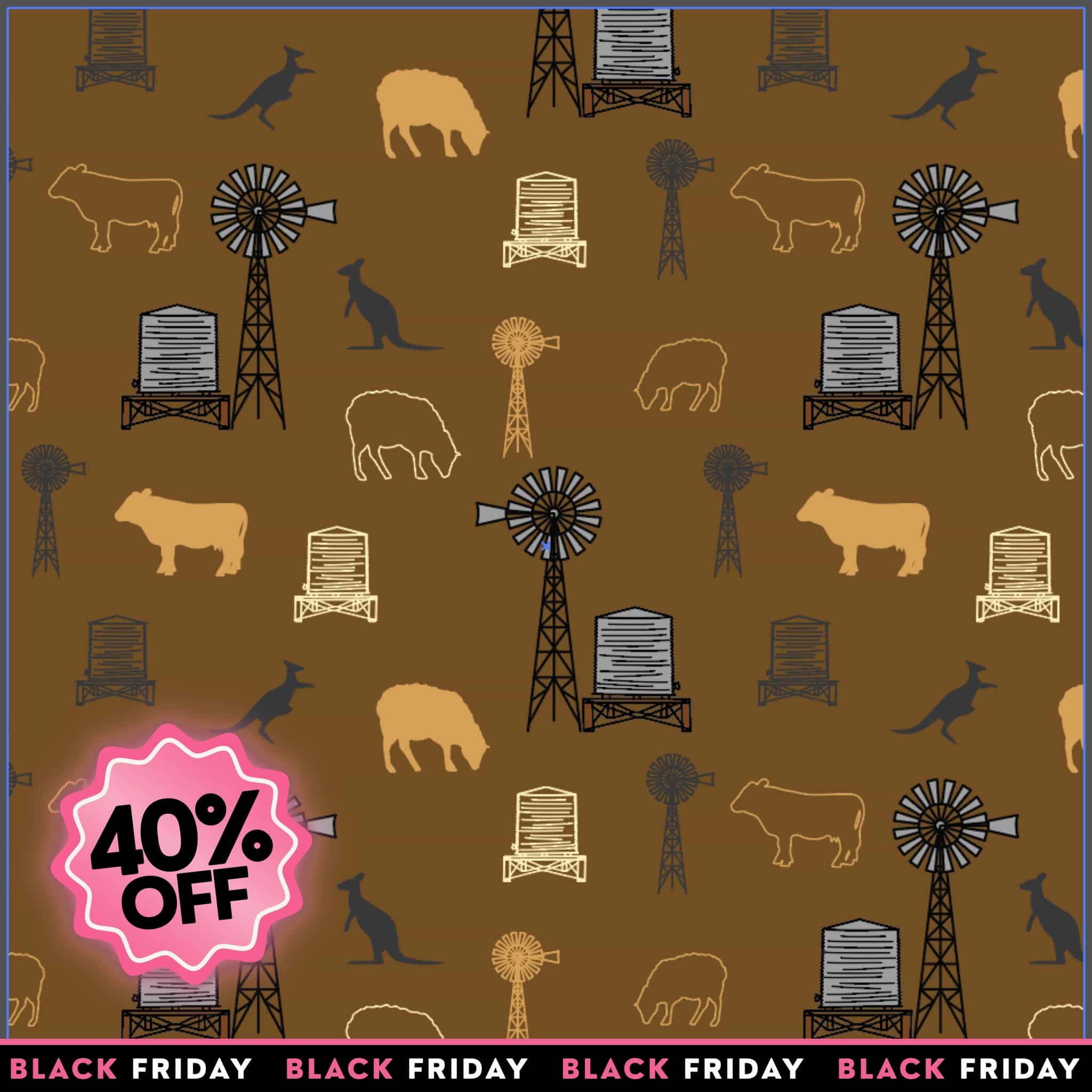 Australian farm animals, windmills, kangaroos and livestock toss print on tan quilting cotton fabric for farm-themed quilts