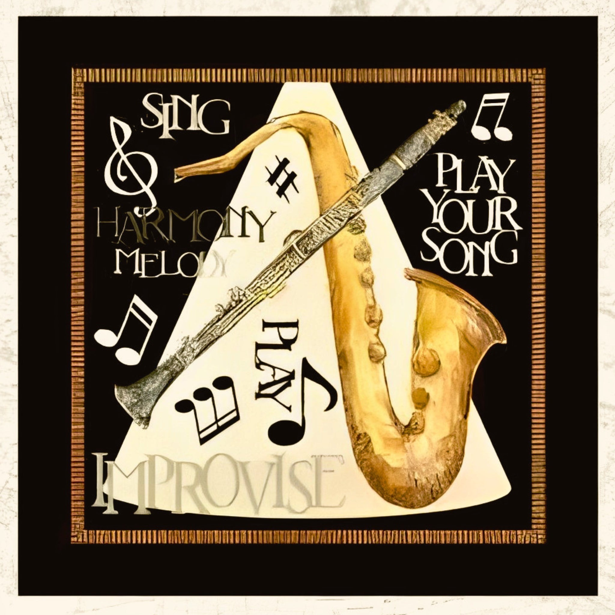 Play Your Song saxophone clarinet Sing Harmony Melody Improvise music notes black cream novelty music panel block