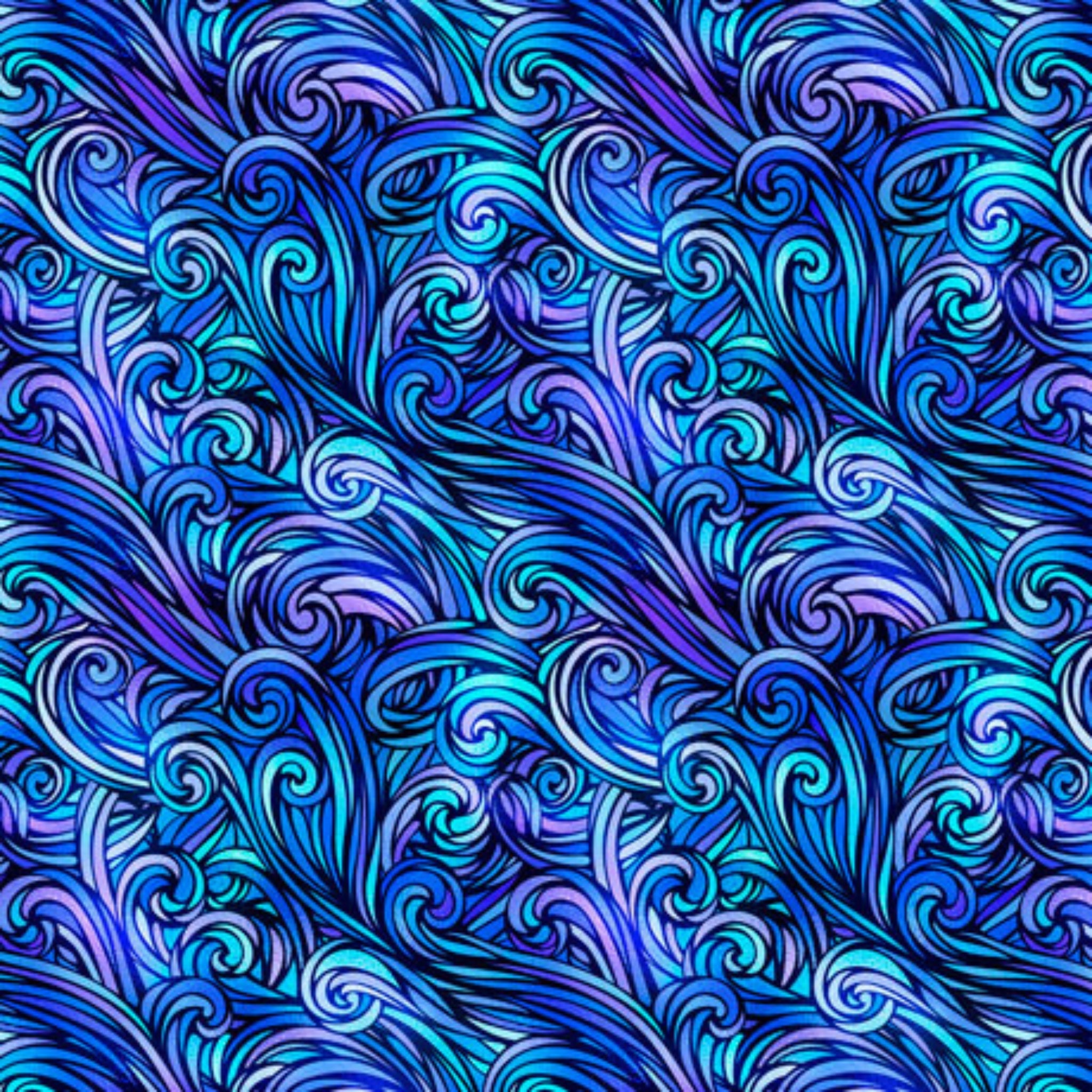 Flowing waves blue turquoise purple violet fabric for ocean-themed quilts vibrant home décor and patchwork sewing projects