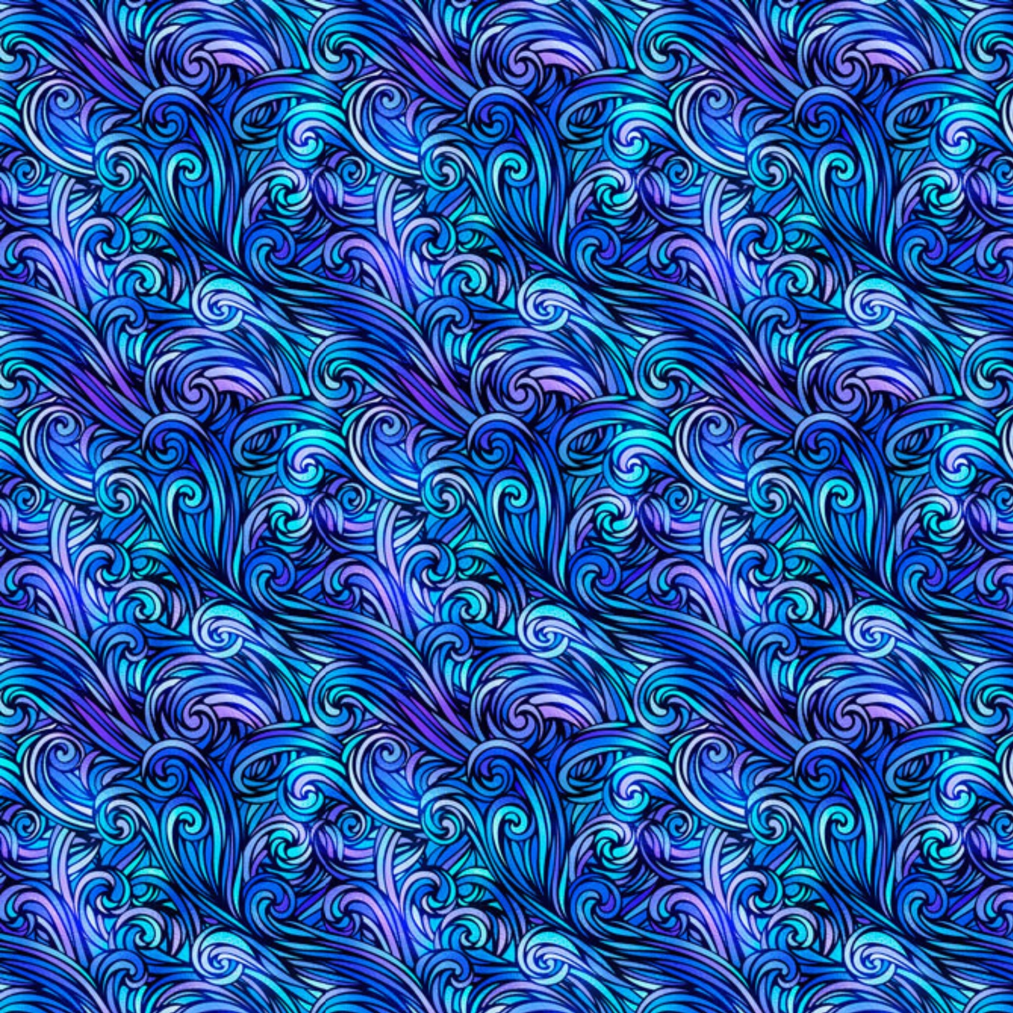 Flowing waves blue turquoise purple violet fabric for ocean-themed quilts vibrant home décor and patchwork sewing projects
