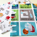 Novelty sewing puns panel blue teal and matching pun toss white quilting cotton for sewist gifts tote bags and patchwork projects