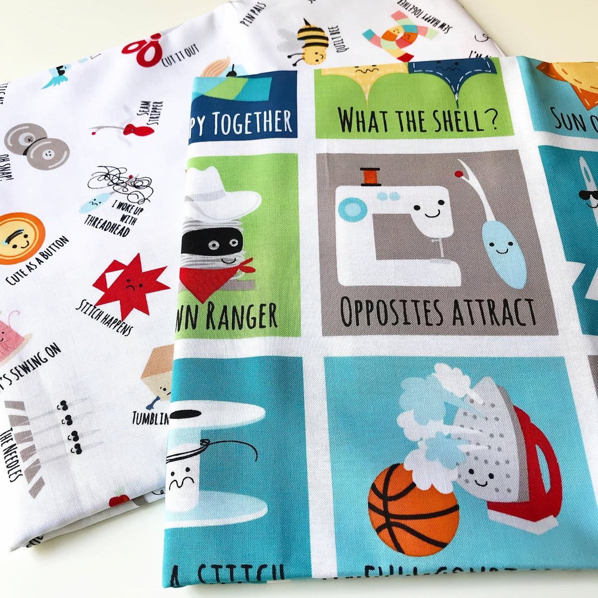 Novelty sewing puns panel blue teal and matching pun toss white quilting cotton for sewist gifts tote bags and patchwork projects