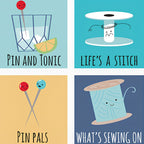 Pin and Tonic Life's a Stitch Pin Pals What's Sewing On novelty sewing puns blue teal yellow quilting cotton for sewist gifts and patchwork projects