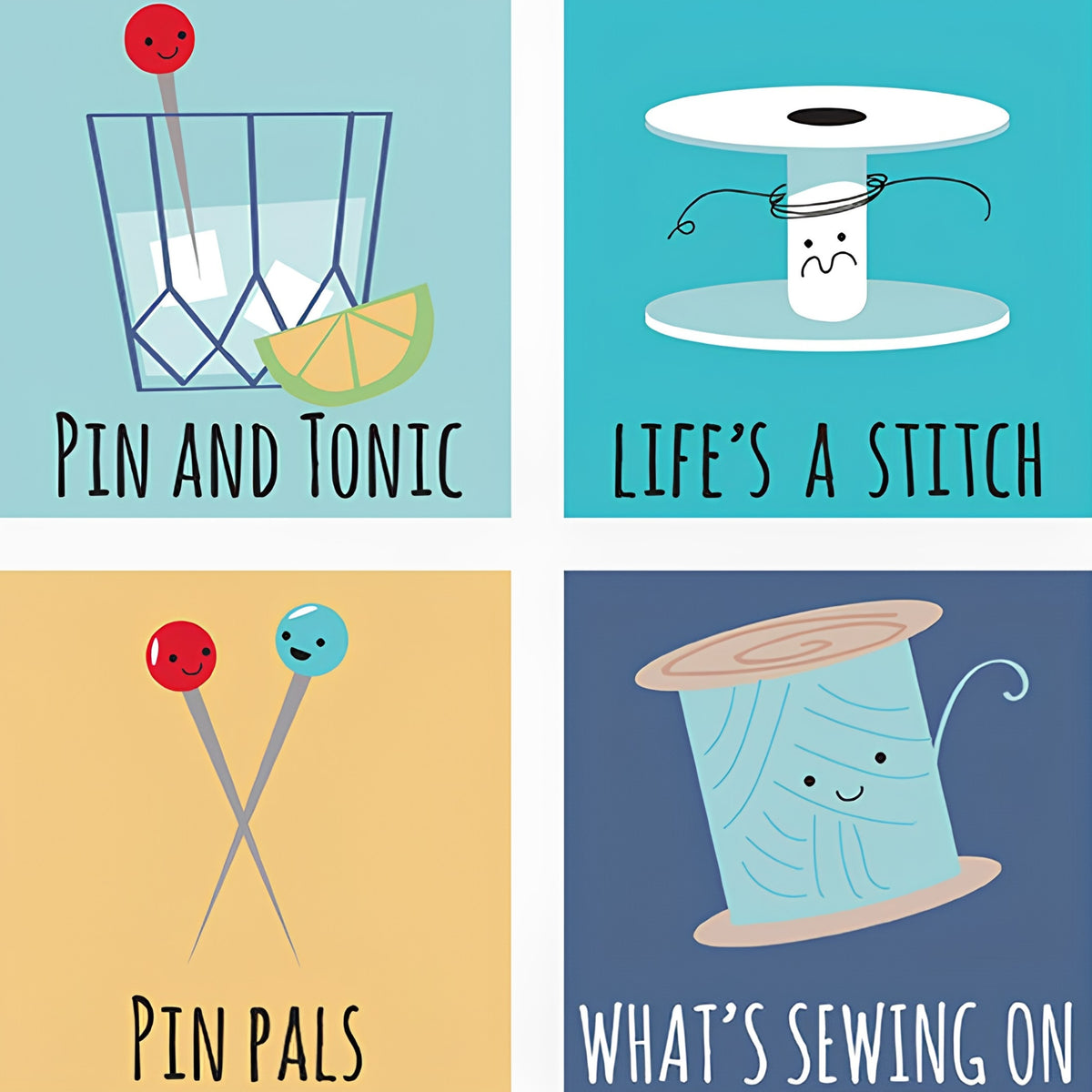 Pin and Tonic Life's a Stitch Pin Pals What's Sewing On novelty sewing puns blue teal yellow quilting cotton for sewist gifts and patchwork projects