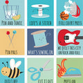 Novelty sewing puns fussy cut panel 3.5" squares blue teal yellow green quilting cotton Pin and Tonic Quilt Bee Full Court Press for sewist gifts and quilts