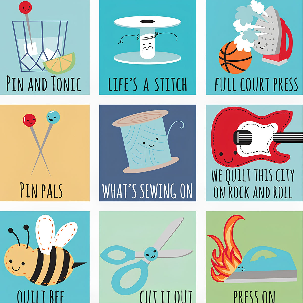 Novelty sewing puns fussy cut panel 3.5" squares blue teal yellow green quilting cotton Pin and Tonic Quilt Bee Full Court Press for sewist gifts and quilts