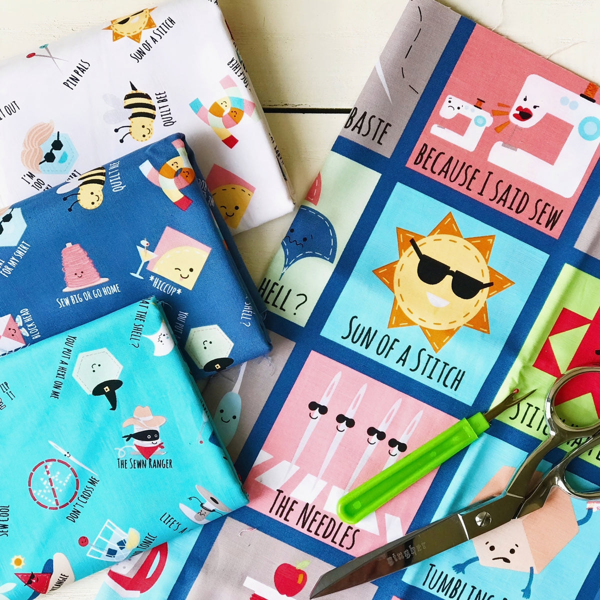 Sew Chatty sewing puns fabric collection denim navy blue white teal coordinates pun toss panel Riley Blake quilting cotton flat lay