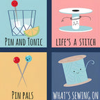 Novelty sewing puns fussy cut panel denim navy blue quilting cotton for sewist gifts tote bags zip pouches and patchwork projects