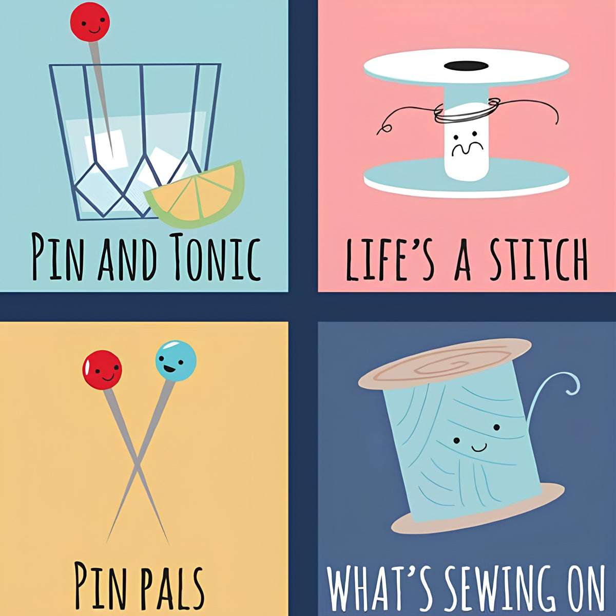 Novelty sewing puns fussy cut panel denim navy blue quilting cotton for sewist gifts tote bags zip pouches and patchwork projects
