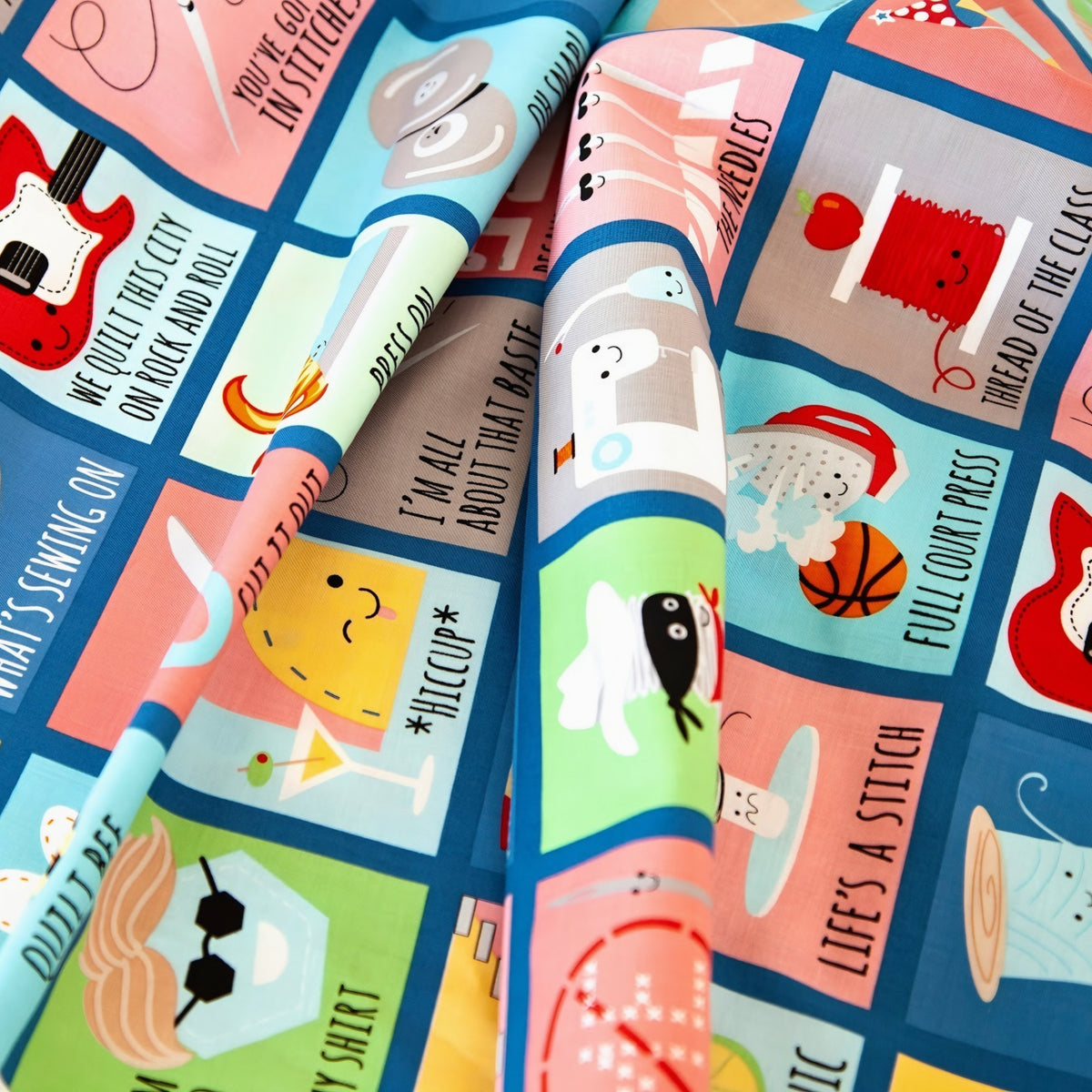 Novelty sewing puns panel denim navy blue draped showing I'm All About That Baste Hiccup Thread of the Class fussy cut quilting cotton Riley Blake