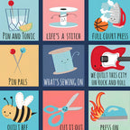Novelty sewing puns fussy cut panel denim navy blue quilting cotton for sewist gifts tote bags zip pouches and patchwork projects