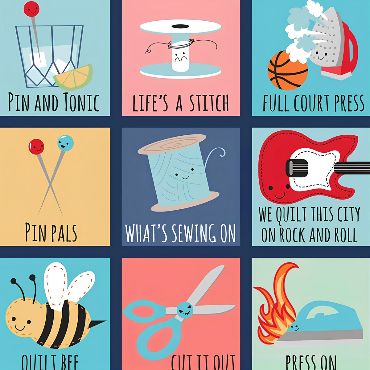 Novelty sewing puns fussy cut panel denim navy blue quilting cotton for sewist gifts tote bags zip pouches and patchwork projects