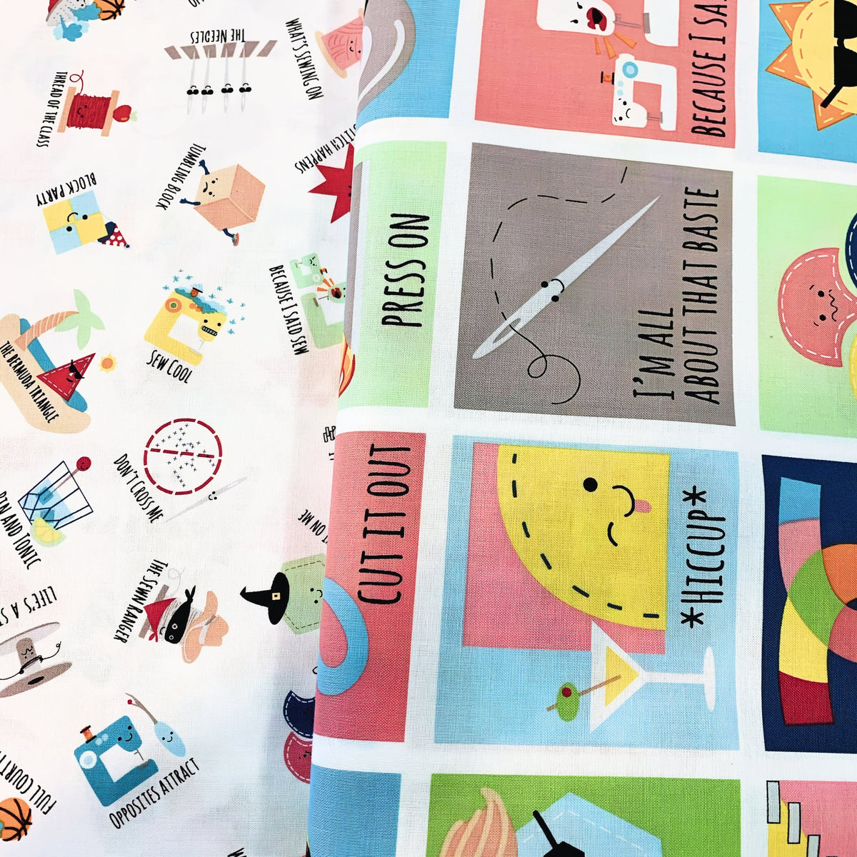 Sewing puns panel pink white coord fussy cut squares I'm All About That Baste Press On Cut It Out Hiccup novelty quilting cotton Riley Blake