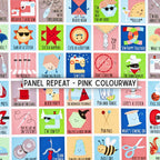 Sewing puns panel repeat pink colourway showing full range of illustrated sewing pun squares novelty quilting cotton Riley Blake