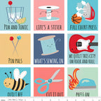 Novelty sewing puns fussy cut panel pink coral yellow blue quilting cotton for sewist gifts tote bags zip pouches and patchwork projects