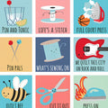 Novelty sewing puns fussy cut panel pink coral yellow blue quilting cotton for sewist gifts tote bags zip pouches and patchwork projects